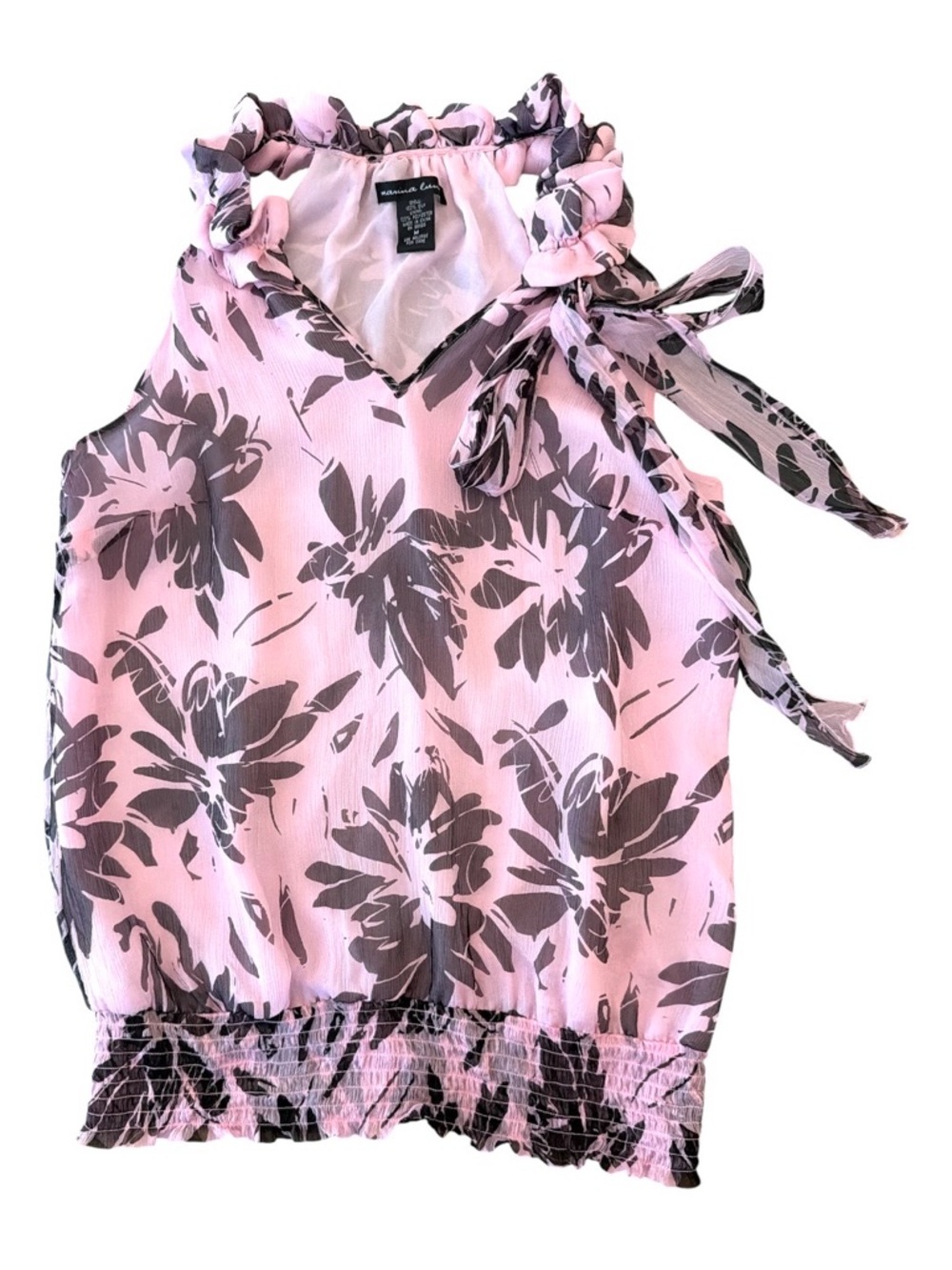 Marina Luna 100% Silk Pink Black Abstract Floral Halter Neck Top Size M